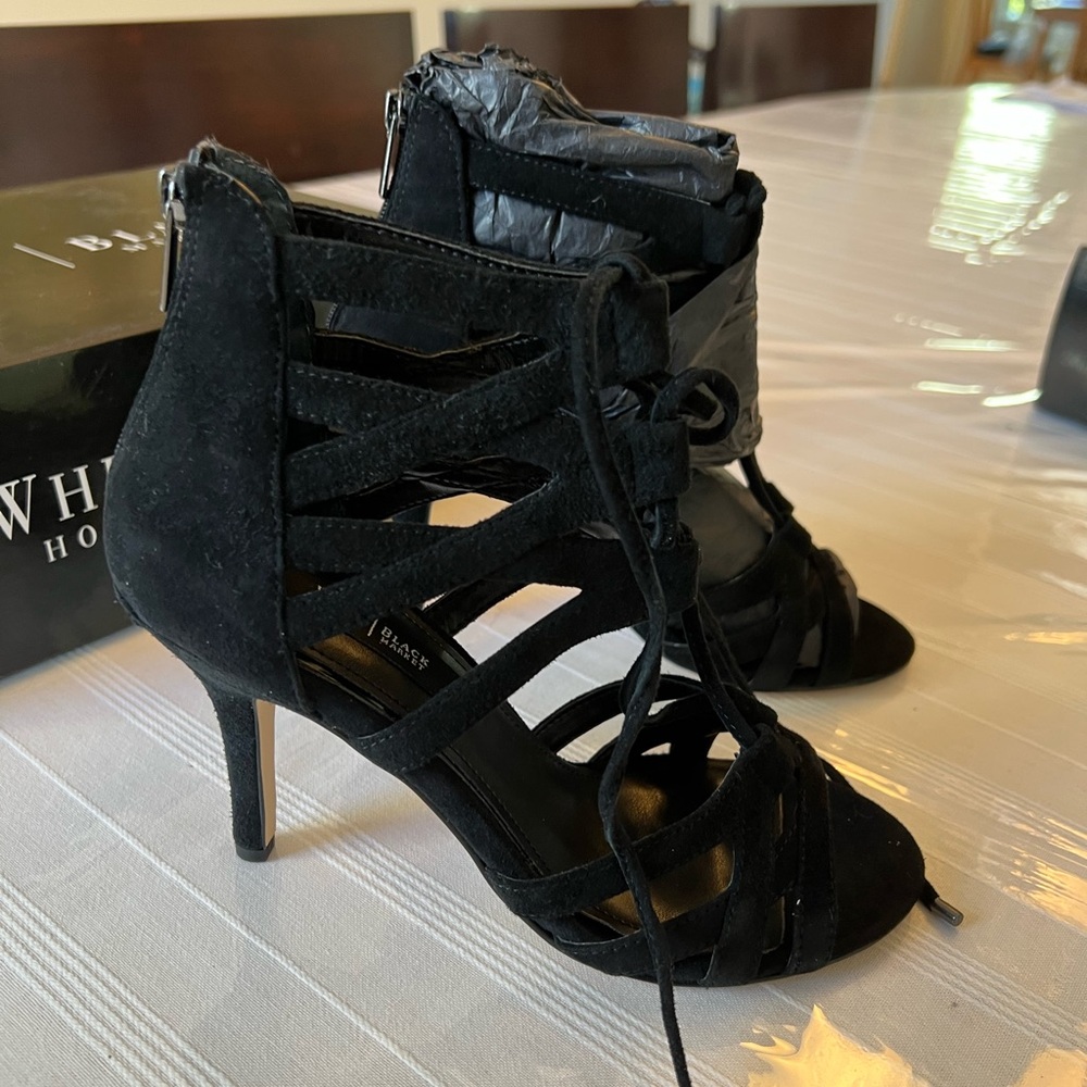 NIB White House Black Market Black Lace-Up Heels, Size 6